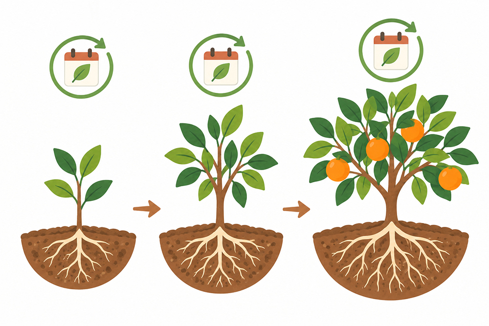 植え付けた年から木が成長し収穫するようになっても、毎年土づくりを続けるイメージ
